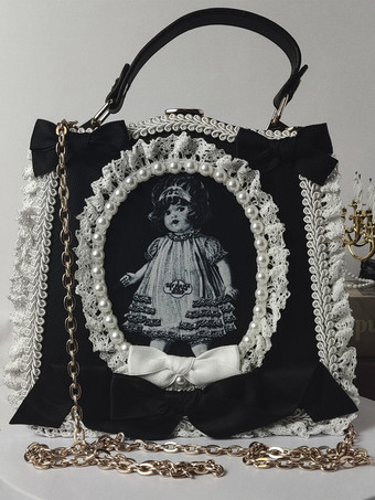 negro Bolso gótico de lolita Lazos de poliéster negro Bolso de poliéster con volantes Accesorios de lolita