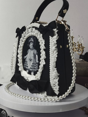 Bolso gótico de lolita Lazos de poliéster negro Bolso de poliéster con volantes Accesorios de lolita