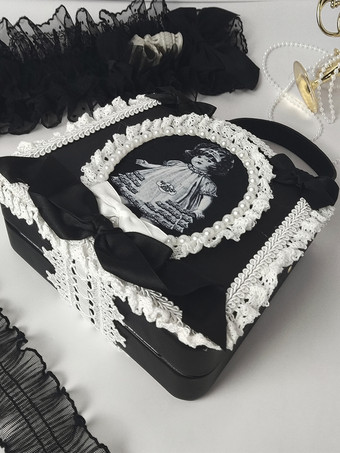 Bolso gótico de lolita Lazos de poliéster negro Bolso de poliéster con volantes Accesorios de lolita