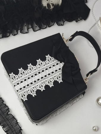 Bolso gótico de lolita Lazos de poliéster negro Bolso de poliéster con volantes Accesorios de lolita