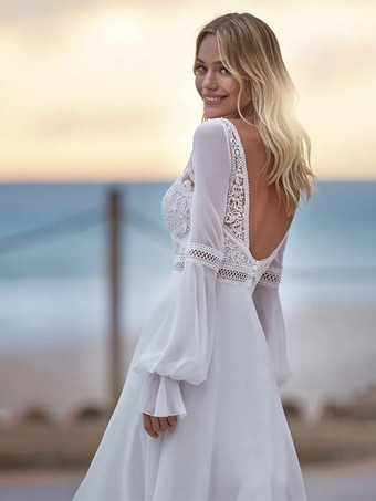 ボヘミアン ウェディングドレス レース レース Aライン トレーン付き バックレス 長袖 Vネック アイボリー