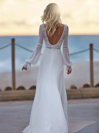 ボヘミアン ウェディングドレス レース レース Aライン トレーン付き バックレス 長袖 Vネック アイボリー