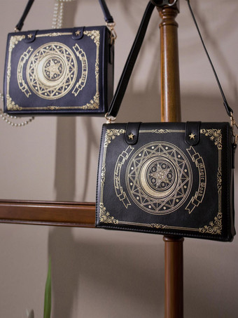 ゴシックロリータバッグ コーヒーブラウン PUレザー メタルディテール 花柄プリント 星柄 PUレザー クロスボディバッグ ロリータアクセサリー