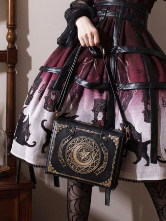 ゴシックロリータバッグ コーヒーブラウン PUレザー メタルディテール 花柄プリント 星柄 PUレザー クロスボディバッグ ロリータアクセサリー