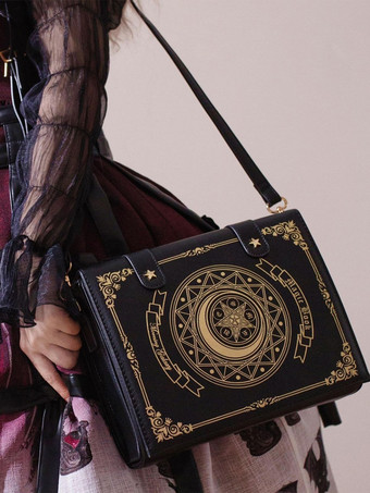 ゴシックロリータバッグ コーヒーブラウン PUレザー メタルディテール 花柄プリント 星柄 PUレザー クロスボディバッグ ロリータアクセサリー