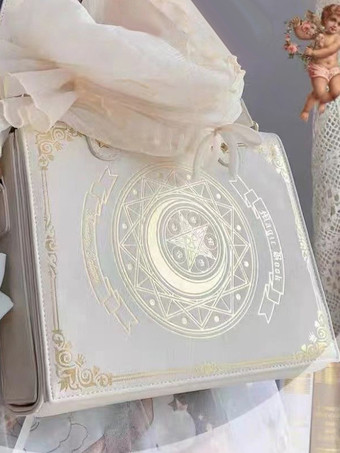 アイボリー ゴシックロリータバッグ コーヒーブラウン PUレザー メタルディテール 花柄プリント 星柄 PUレザー クロスボディバッグ ロリータアクセサリー