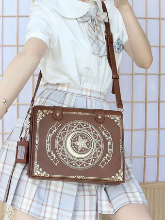 ゴシックロリータバッグ コーヒーブラウン PUレザー メタルディテール 花柄プリント 星柄 PUレザー クロスボディバッグ ロリータアクセサリー