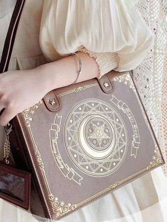 ブラウン ゴシックロリータバッグ コーヒーブラウン PUレザー メタルディテール 花柄プリント 星柄 PUレザー クロスボディバッグ ロリータアクセサリー