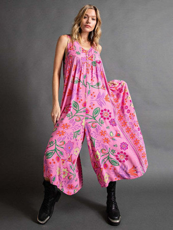 ローズレッドジャンプスーツ トロピカルプリント Vネック ノースリーブ バケーション カジュアル 1ピース アウトフィット