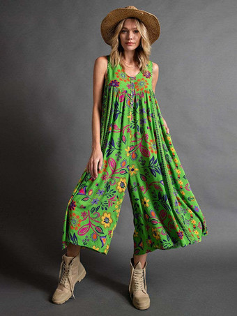グリーン ジャンプスーツ トロピカルプリント Vネック ノースリーブ バケーション カジュアル 1ピース アウトフィット