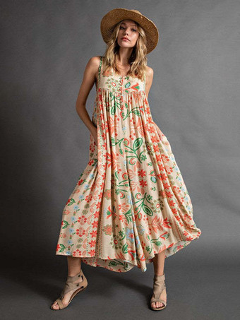 イエロージャンプスーツ トロピカルプリント Vネック ノースリーブ バケーション カジュアル 1ピース アウトフィット