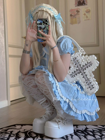 ゴシックロリータバッグ ブラック PUレザー フリル クロス PUレザー ハンドバッグ ロリータアクセサリー