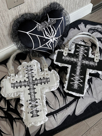 ゴシックロリータバッグ ブラック PUレザー フリル クロス PUレザー ハンドバッグ ロリータアクセサリー