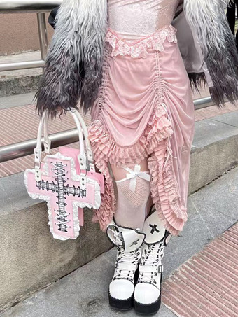 ピンクゴシックロリータバッグ ブラック PUレザー フリル クロス PUレザー ハンドバッグ ロリータアクセサリー