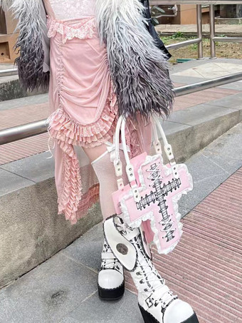 ゴシックロリータバッグ ブラック PUレザー フリル クロス PUレザー ハンドバッグ ロリータアクセサリー