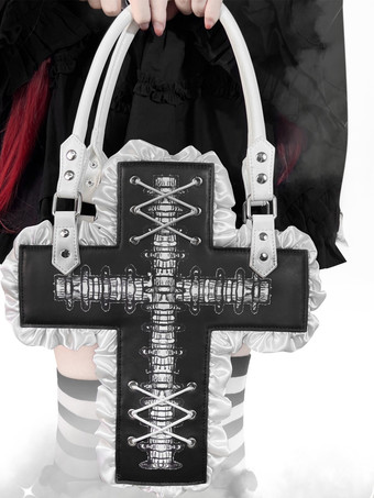 ブラック ゴシックロリータバッグ ブラック PUレザー フリル クロス PUレザー ハンドバッグ ロリータアクセサリー