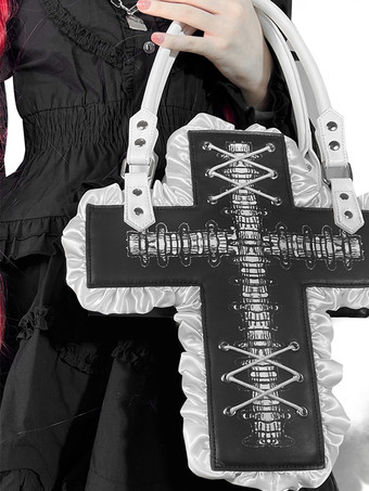 ゴシックロリータバッグ ブラック PUレザー フリル クロス PUレザー ハンドバッグ ロリータアクセサリー