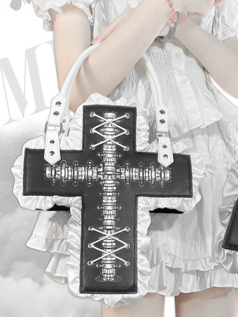 ゴシックロリータバッグ ブラック PUレザー フリル クロス PUレザー ハンドバッグ ロリータアクセサリー