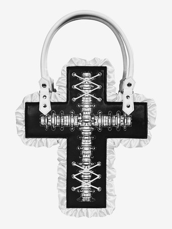 ゴシックロリータバッグ ブラック PUレザー フリル クロス PUレザー ハンドバッグ ロリータアクセサリー