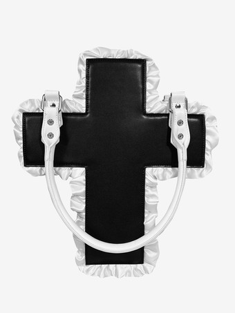 ゴシックロリータバッグ ブラック PUレザー フリル クロス PUレザー ハンドバッグ ロリータアクセサリー