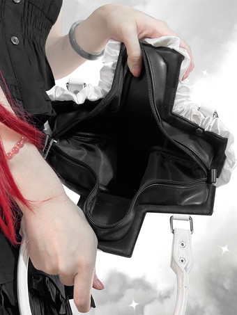 ゴシックロリータバッグ ブラック PUレザー フリル クロス PUレザー ハンドバッグ ロリータアクセサリー