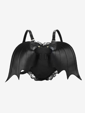 ブラック ゴシックロリータバッグ ブラック PUレザー フリル レース PUレザー バックパック ロリータアクセサリー