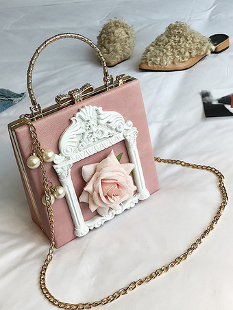 ゴシックロリータバッグ ピンクチェーン パールアップリケハンドバッグ PUレザーロリータアクセサリー