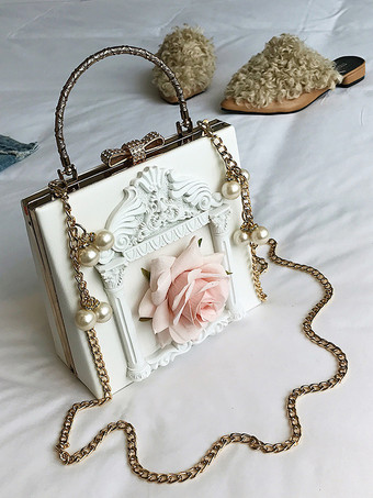 ホワイト ゴシックロリータバッグ ピンクチェーン パールアップリケハンドバッグ PUレザーロリータアクセサリー