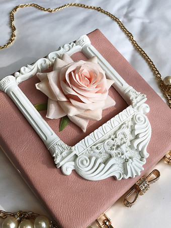 ピンクゴシックロリータバッグ ピンクチェーン パールアップリケハンドバッグ PUレザーロリータアクセサリー