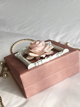 ゴシックロリータバッグ ピンクチェーン パールアップリケハンドバッグ PUレザーロリータアクセサリー