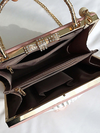 ゴシックロリータバッグ ピンクチェーン パールアップリケハンドバッグ PUレザーロリータアクセサリー