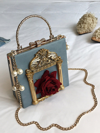 ブルー ゴシックロリータバッグ ピンクチェーン パールアップリケハンドバッグ PUレザーロリータアクセサリー