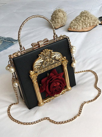 ブラック ゴシックロリータバッグ ピンクチェーン パールアップリケハンドバッグ PUレザーロリータアクセサリー