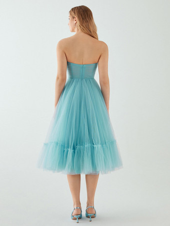 イブニングドレス ショート ストラップレス ティー丈 ノースリーブ ジッパー プリーツ チュール 社交ページェントドレス