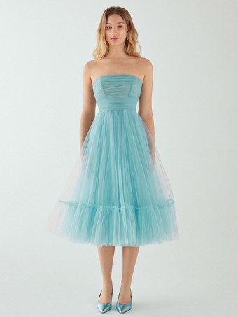 パステルブルーイブニングドレス ショート ストラップレス ティー丈 ノースリーブ ジッパー プリーツ チュール 社交ページェントドレス
