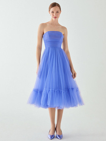 イブニングドレス ショート ストラップレス ティー丈 ノースリーブ ジッパー プリーツ チュール 社交ページェントドレス