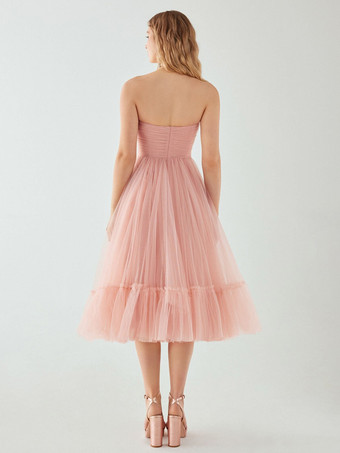 イブニングドレス ショート ストラップレス ティー丈 ノースリーブ ジッパー プリーツ チュール 社交ページェントドレス