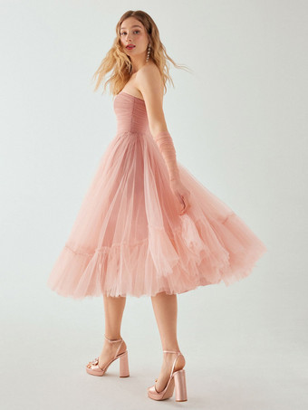 イブニングドレス ショート ストラップレス ティー丈 ノースリーブ ジッパー プリーツ チュール 社交ページェントドレス