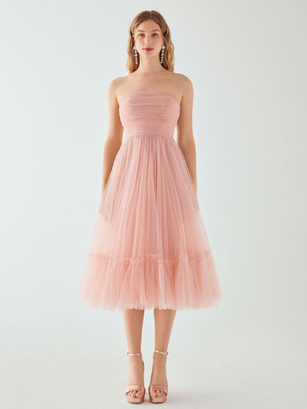ピンクイブニングドレス ショート ストラップレス ティー丈 ノースリーブ ジッパー プリーツ チュール 社交ページェントドレス