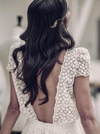 ショートウェディングドレス ショートジュエルネック ショートスリーブ Aライン レース ショートブライダルドレス