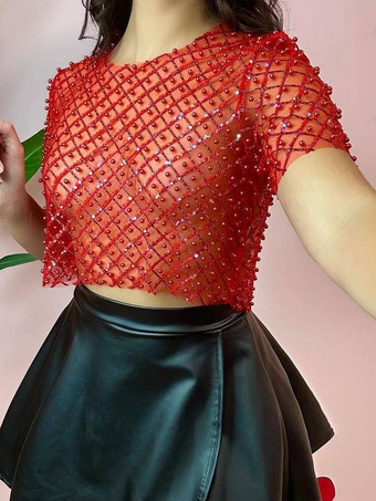 レッド クラブウェア トップス トレンディ ジュエルネック ラインストーン 半袖 ポリエステル シアー