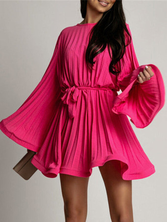 ローズレッドスケータードレス ボートネック フレアスリーブ ベルト付き オフィスカジュアル ショートドレス