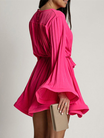 スケータードレス ボートネック フレアスリーブ ベルト付き オフィスカジュアル ショートドレス