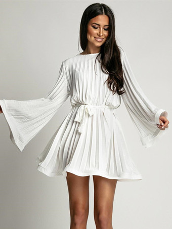 ホワイト スケータードレス ボートネック フレアスリーブ ベルト付き オフィスカジュアル ショートドレス