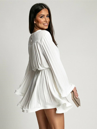 スケータードレス ボートネック フレアスリーブ ベルト付き オフィスカジュアル ショートドレス