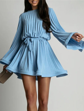 ブルー スケータードレス ボートネック フレアスリーブ ベルト付き オフィスカジュアル ショートドレス