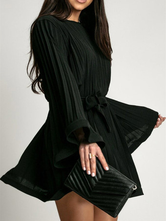 ブラック スケータードレス ボートネック フレアスリーブ ベルト付き オフィスカジュアル ショートドレス