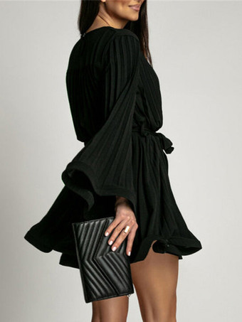 スケータードレス ボートネック フレアスリーブ ベルト付き オフィスカジュアル ショートドレス