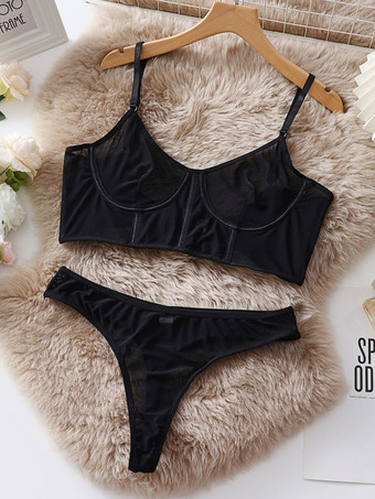 ブラック ブラジャー パンティ セット シルバー ポリエステル シアー セクシー 大人用 ランジェリー