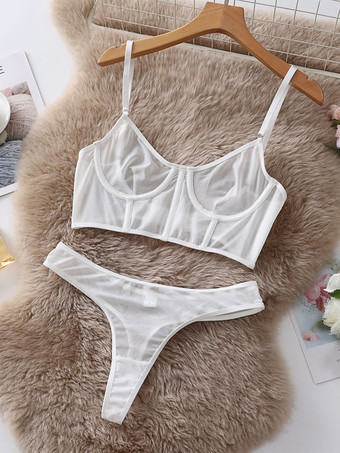 ホワイト ブラジャー パンティ セット シルバー ポリエステル シアー セクシー 大人用 ランジェリー